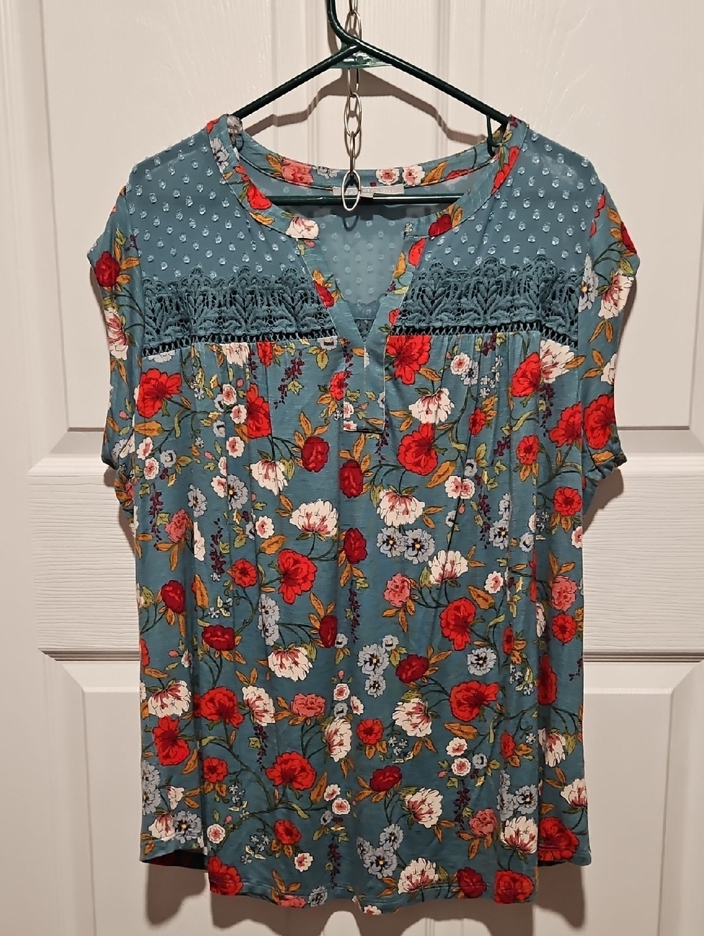 Daniel Rainn Blue Floral Short Sleeve Blouse with Crochet Yoke and Red Accents
